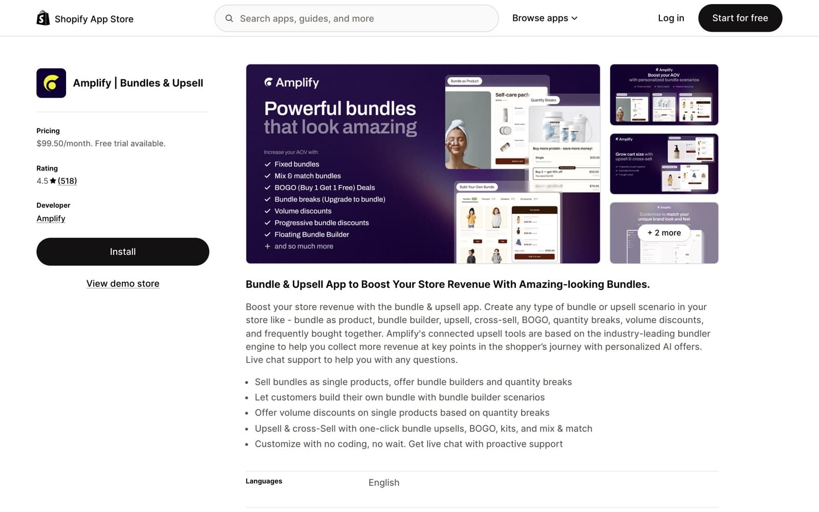 Amplify Bundles and Upsell listing on the Shopify App Store