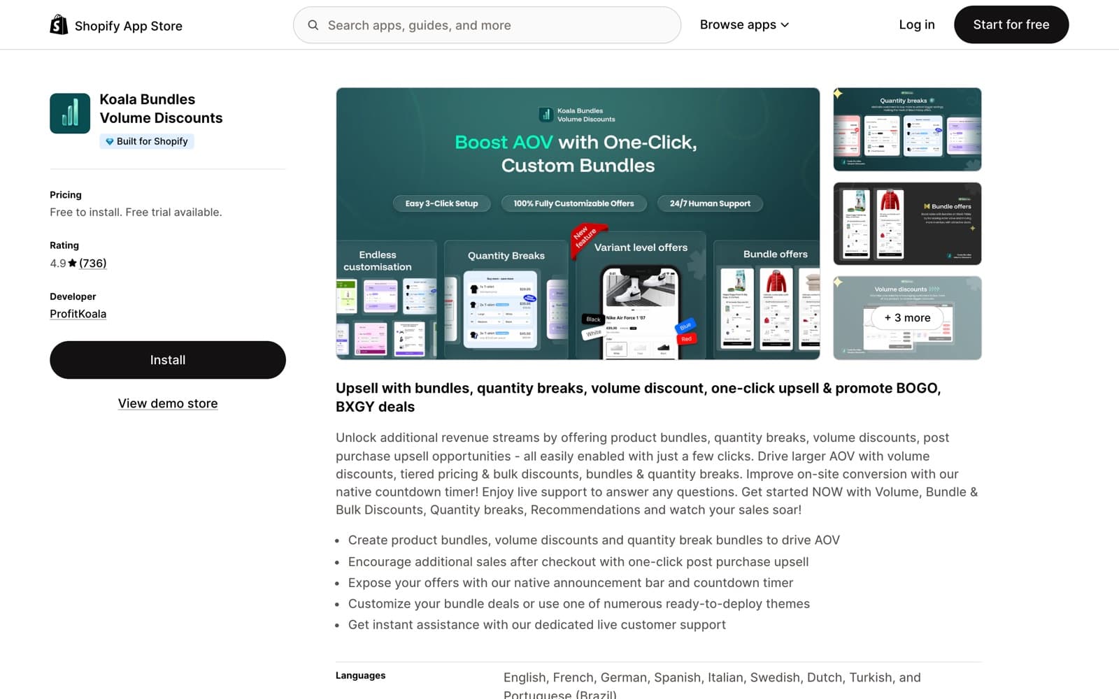 Koala Bundles listing on the Shopify App Store