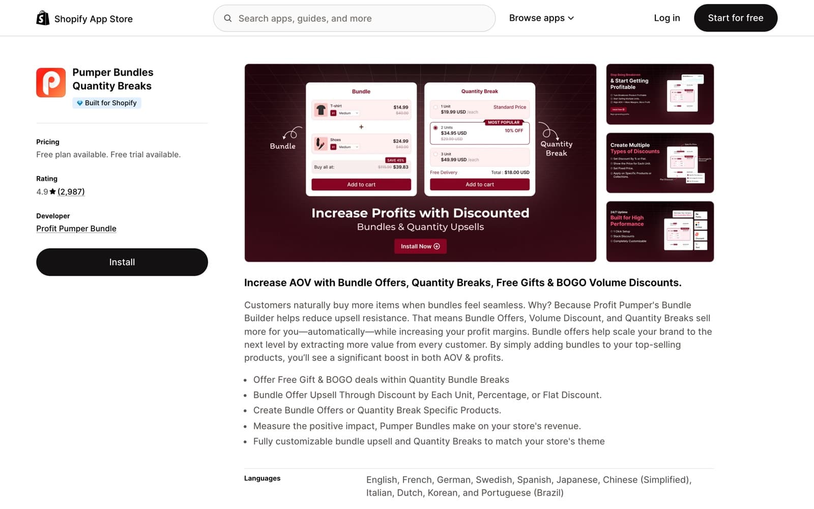Pumper Bundles Quantity Breaks listing on the Shopify App Store