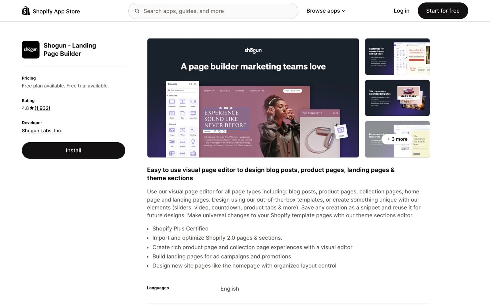 Shogun listing on the Shopify App Store