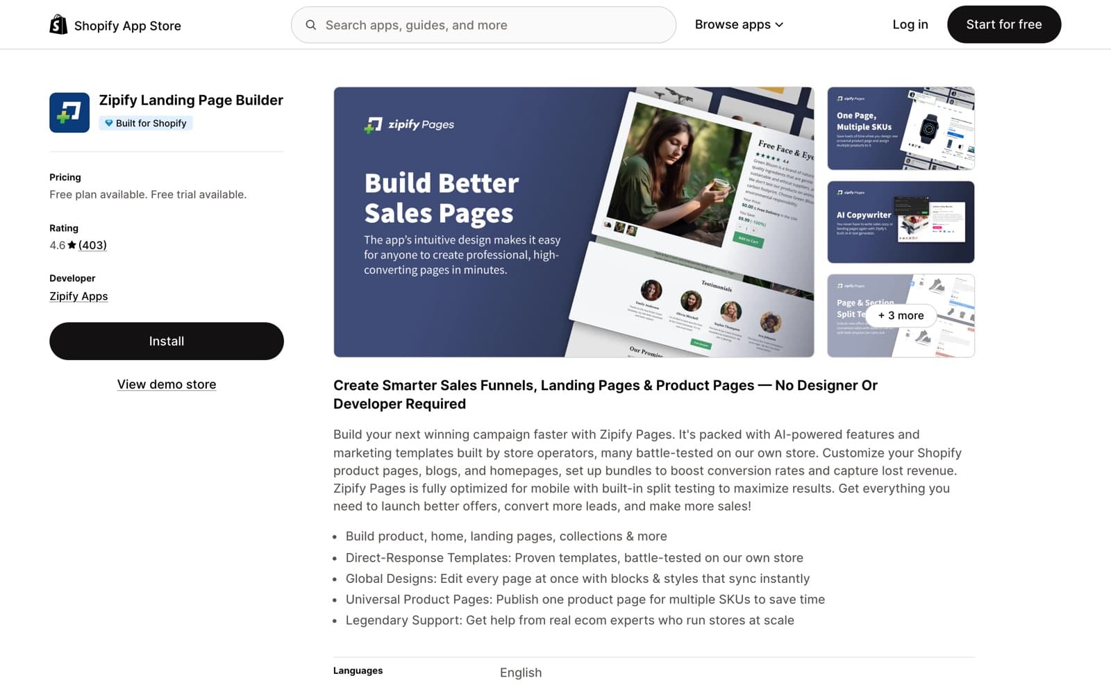 Zipify Pages listing on the Shopify App Store