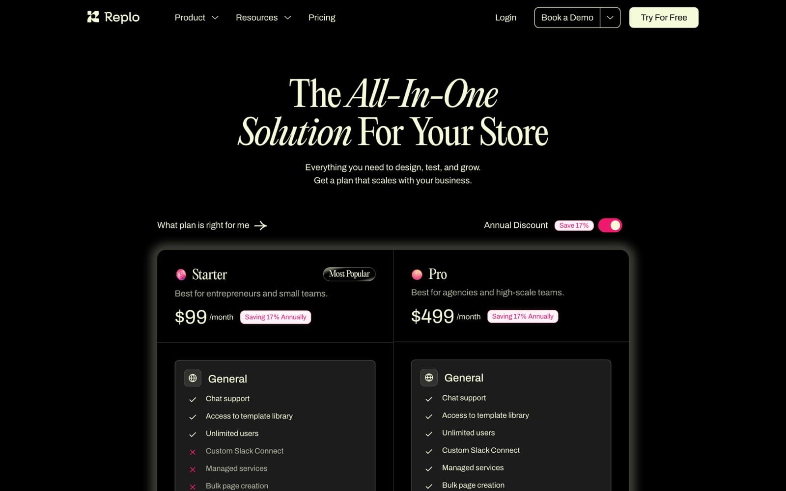 Replo pricing page