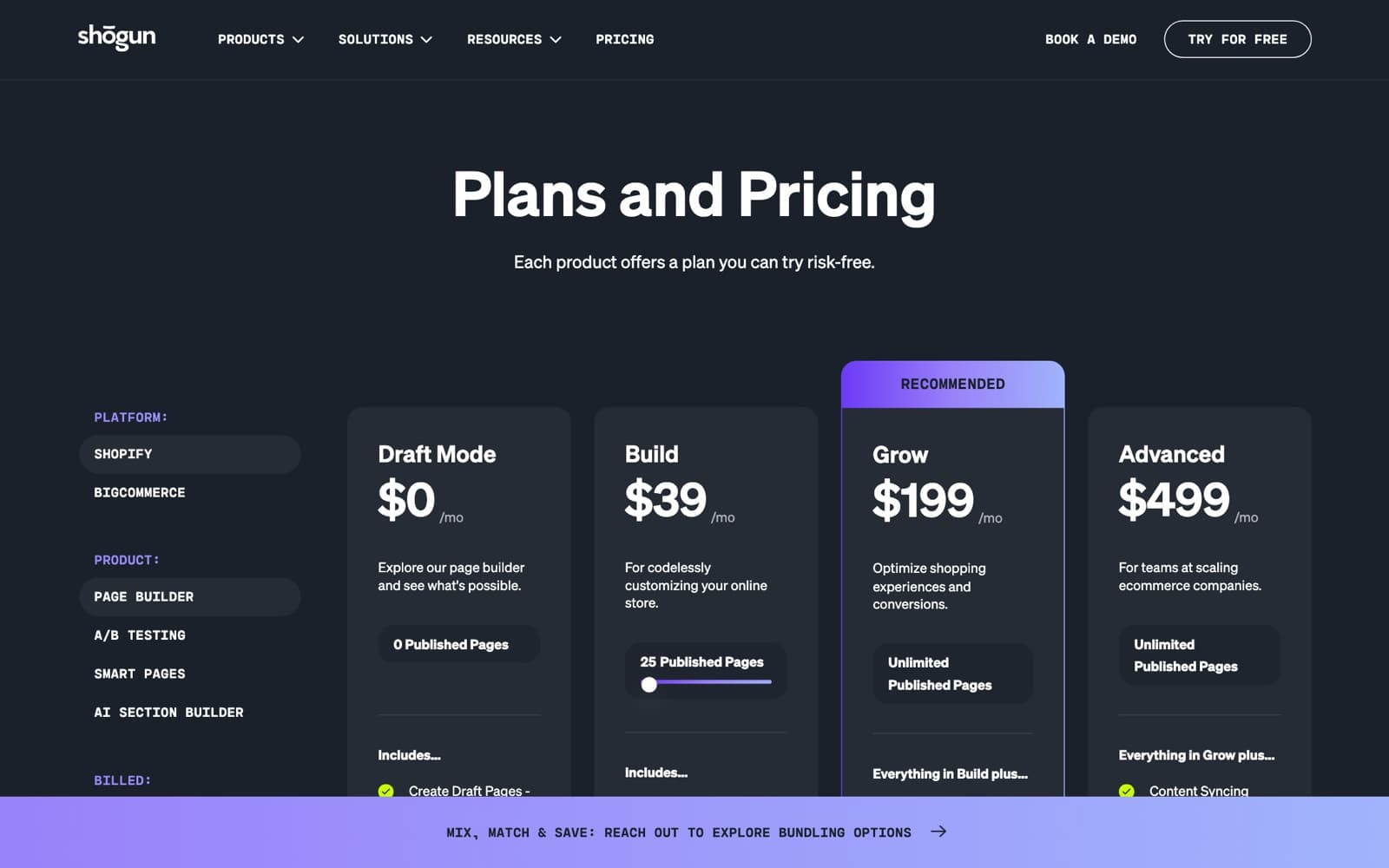 Shogun pricing page