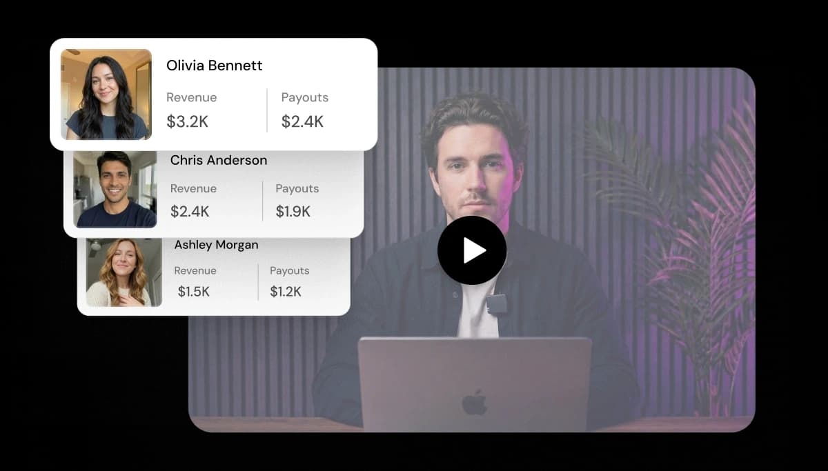 Affiliate dashboard with top earners next to a video tutorial preview