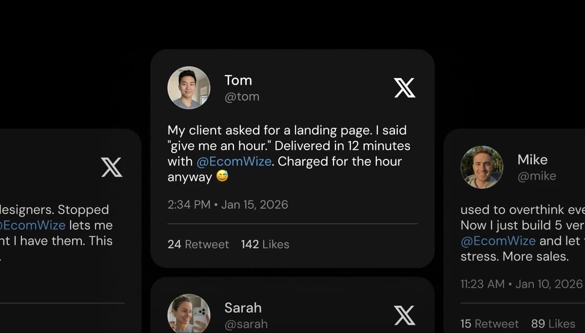 Twitter posts from EcomWize affiliates sharing their experience