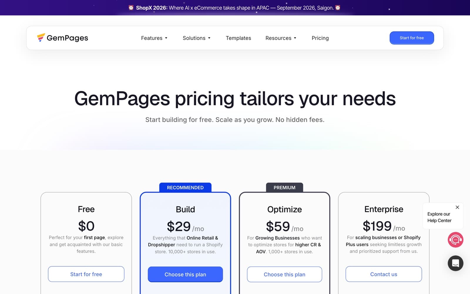 GemPages pricing page